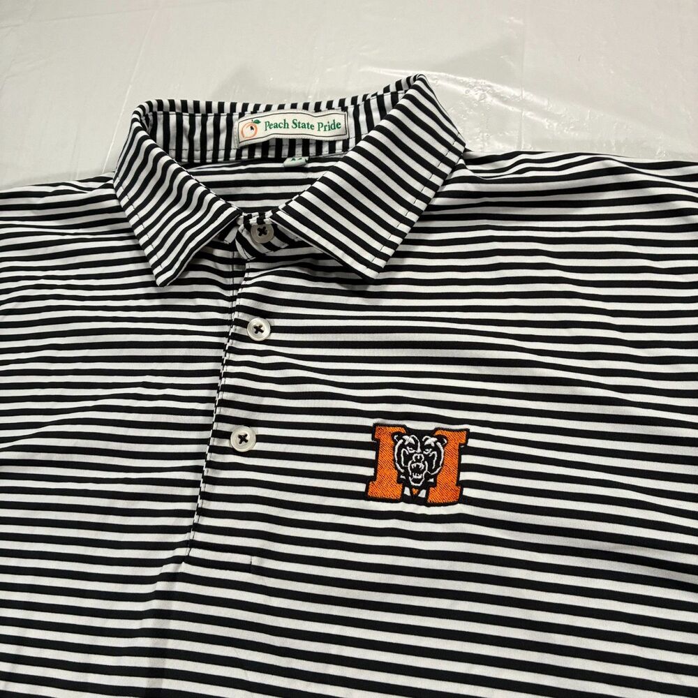 Mercer Bears Peach State Pride Polo Shirt M Black White Stripes Embroidered Golf